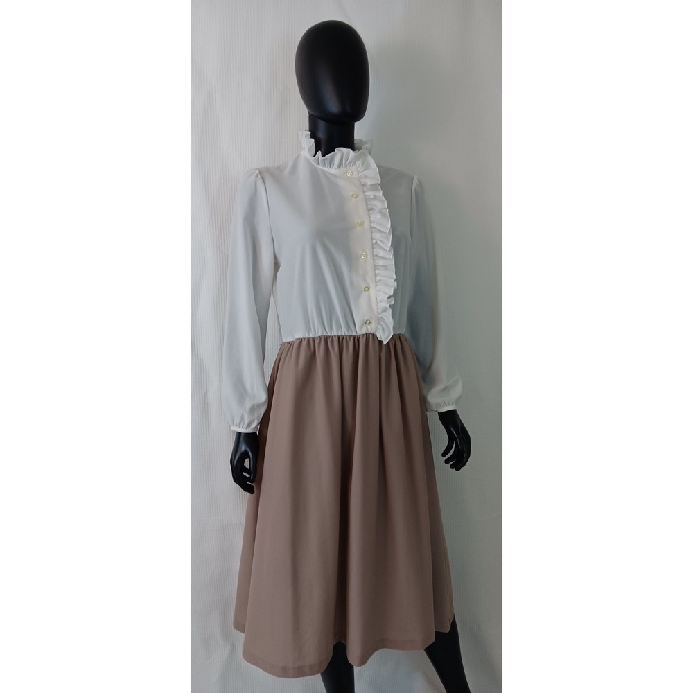 Vintage Beeline Ruffle Sheath Dress White Tan Long Sleeve Elastic Waist Small